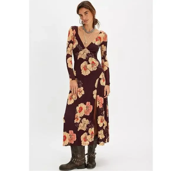 Free People Calla Midi Maxi Dress in Plum Combo Size XL Edgy Floral 90s Bohemian - Picture 5 of 15